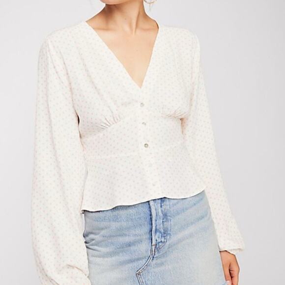 Free People Tops - FREE PEOPLE Love Street Pink Ivory Polka Dot Long Sleeve Top Size L